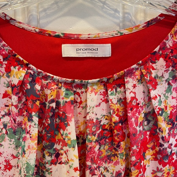 Promod Floral A-Line Sleeveless Gathered Scoop Neck Midi Dress w Attached Lining - Picture 3 of 5